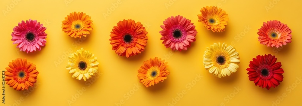 A vibrant arrangement of colorful flowers on a bright yellow background. A vibrant arrangement of colorful flowers on a bright yellow background.