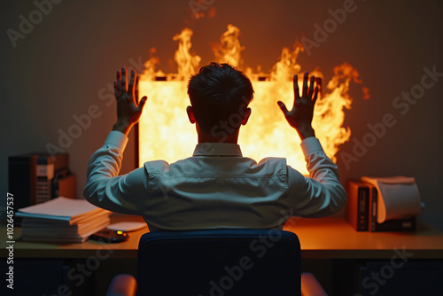 computer on  fire in the working office, desperate business man