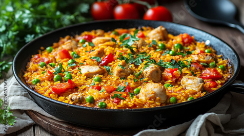 Delicious Chicken Paella with Peas and Peppers in a Pan