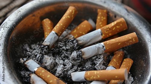 Close up of Cigarettes in Ashtray with Ash Smoking Habit Quit Smoking Concept