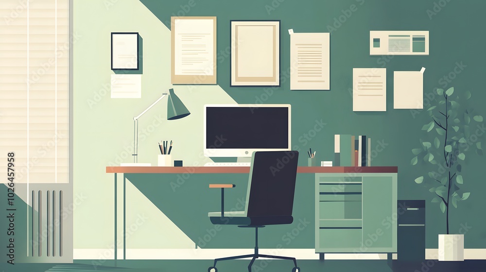 Minimalist Home Office Interior with Desk, Computer, and Green Accents Minimalist Home Office Interior with Desk, Computer, and Green Accents
