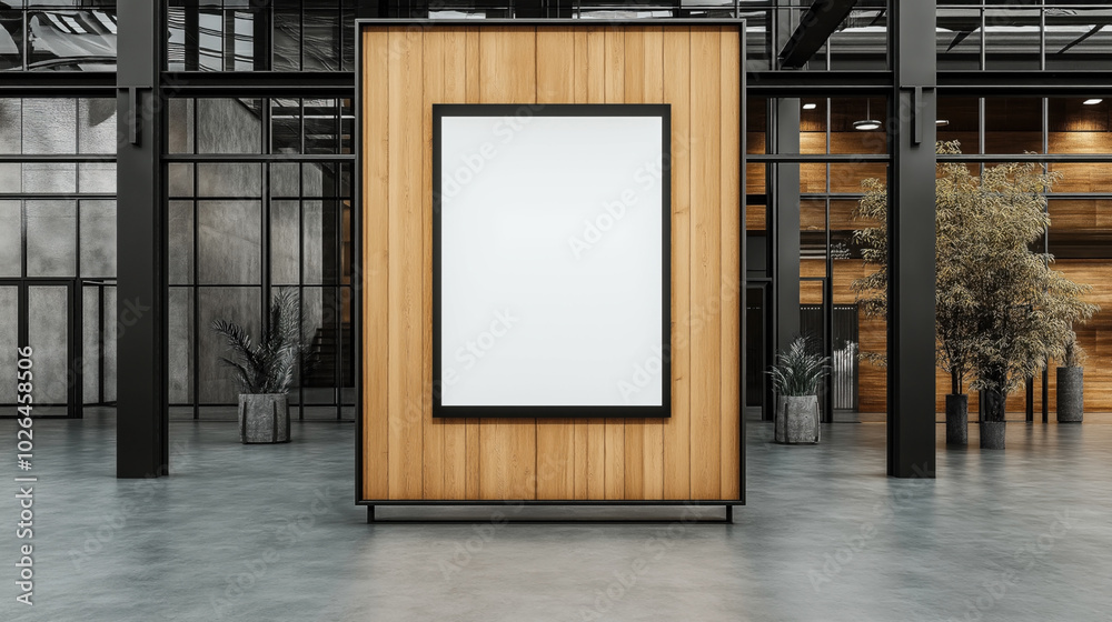 Modern industrial interior with blank vertical poster in wooden frame, concrete floor, metal columns, large glass windows, and potted plants in a spacious atrium. Modern industrial interior with blank vertical poster in wooden frame, concrete floor, metal columns, large glass windows, and potted plants in a spacious atrium.