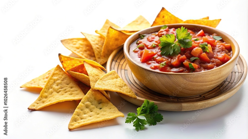 Panoramic view of tortilla chips with salsa on white background