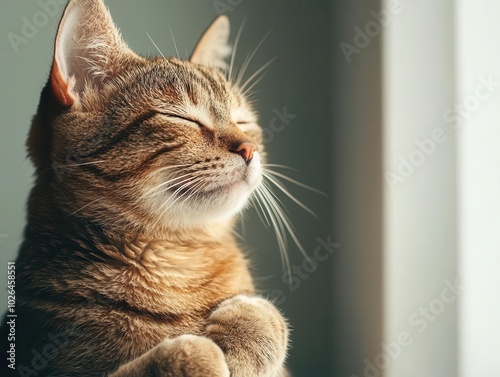 Cat sitting in a patch of sunlight, paws folded, eyes closed, serene feline, quiet reflection photo