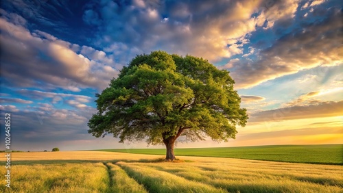 Panoramic view of tree and field following the rule of thirds in photography