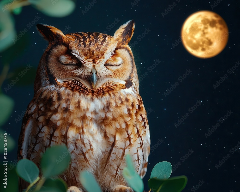Owl with wings folded, perched in a tree, eyes closed, nocturnal bird, moonlit prayer Owl with wings folded, perched in a tree, eyes closed, nocturnal bird, moonlit prayer