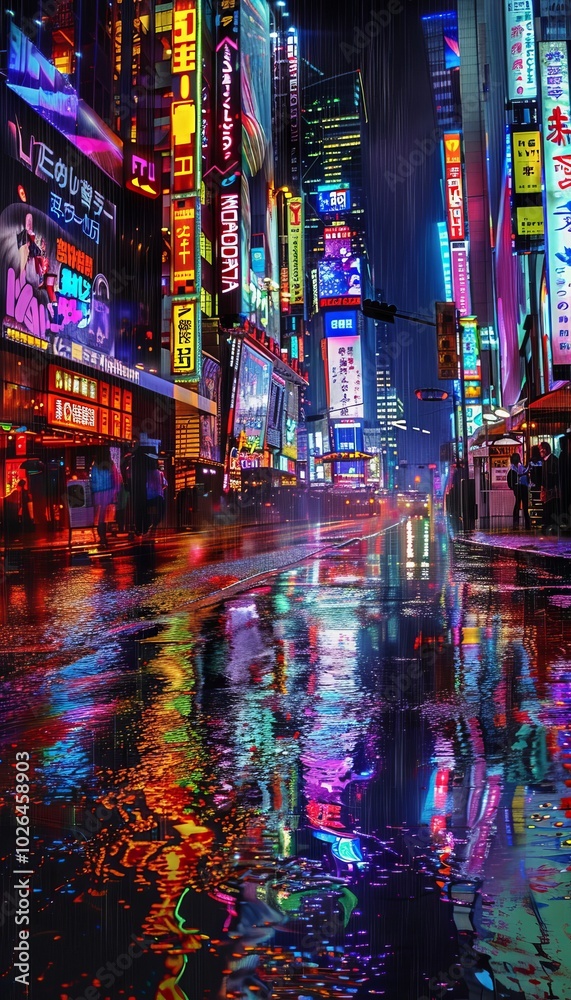 Obraz premium Futuristic nighttime cityscape with neon lit skyscrapers and reflective wet streets creating allure