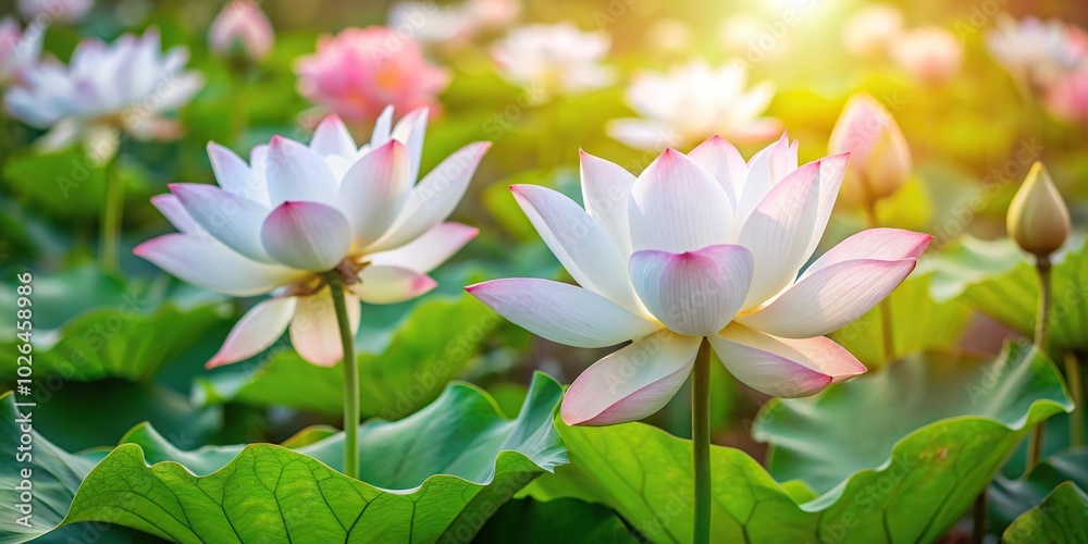 Panoramic view of white and soft pink lotus flowers with soft background in nature Panoramic view of white and soft pink lotus flowers with soft background in nature
