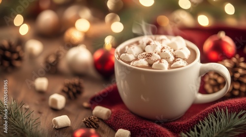 A cup of hot chocolate with marshmallow and christmas decorations