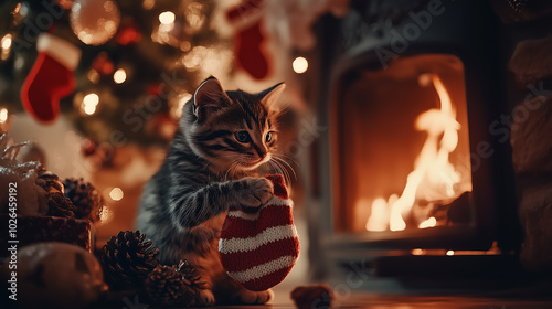 A kitten playing with a Christmas stocking hung by a fireplace, soft holiday lighting, festive decorations all around photo