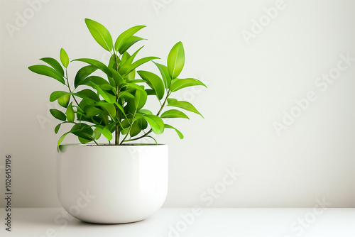 Lush green leaves emerge from a stylish white pot, standing out against the stark white background, conveying a sense of tranquility and the beauty of nature in an indoor setting