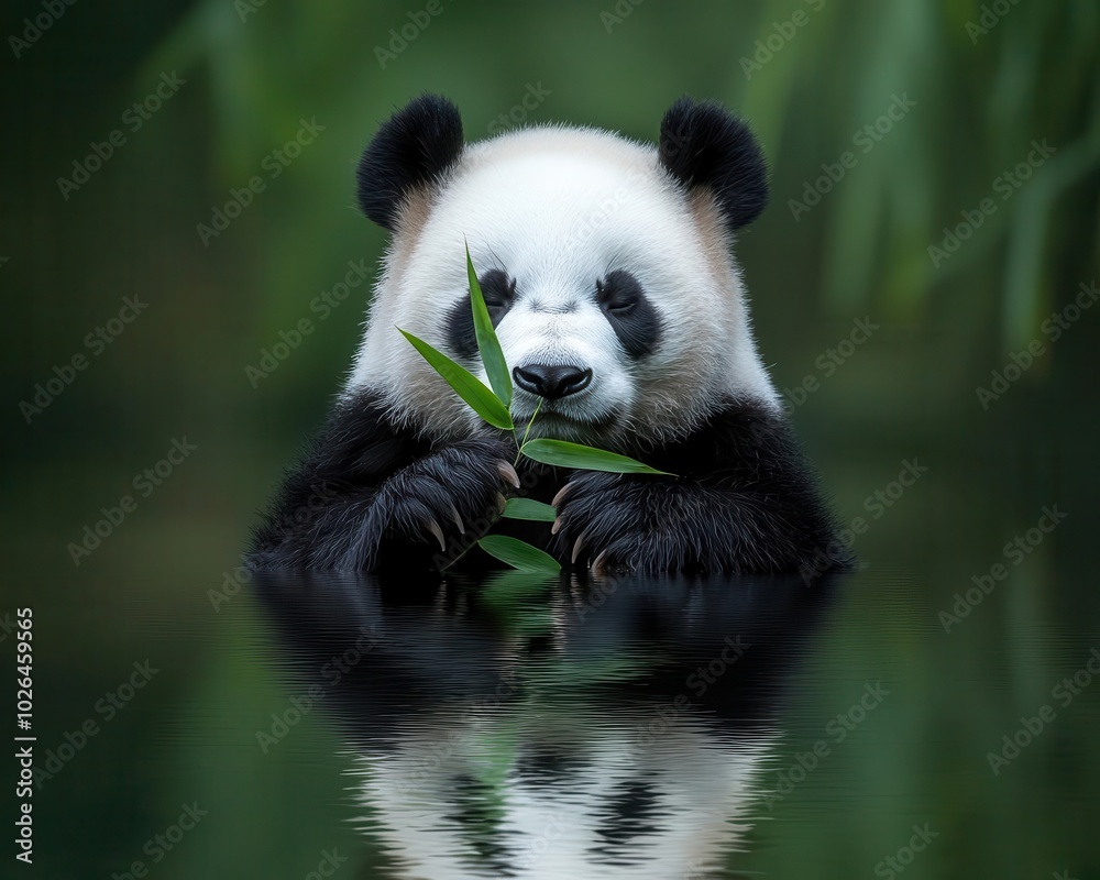 Panda sitting under a bamboo grove, paws together, eyes closed, gentle giant, calm reflection Panda sitting under a bamboo grove, paws together, eyes closed, gentle giant, calm reflection