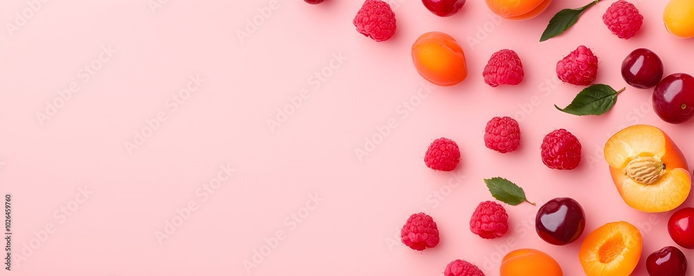 Fresh Fruits Overhead Raspberries Cherries Plums Apricots on Soft Pastel Background - Perfect for Juice Concepts Healthy Recipes Fresh Fruits Overhead Raspberries Cherries Plums Apricots on Soft Pastel Background - Perfect for Juice Concepts Healthy Recipes