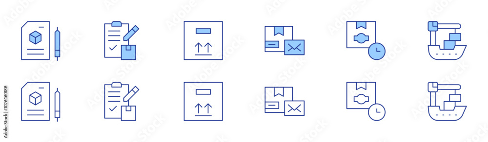 Logistics icon set in two styles, Duotone and Thin Line style. Editable stroke. requirement, clipboard, box, delivery box, time, ferry Logistics icon set in two styles, Duotone and Thin Line style. Editable stroke. requirement, clipboard, box, delivery box, time, ferry