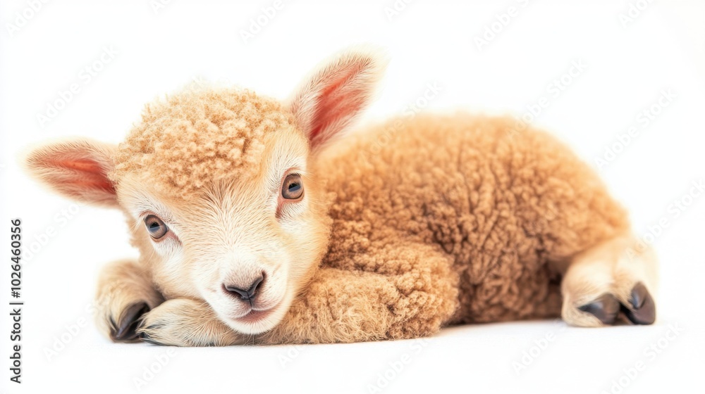 Obraz premium Adorable light brown baby sheep isolated on a white background, perfect for highlighting the beauty and innocence of the young animal