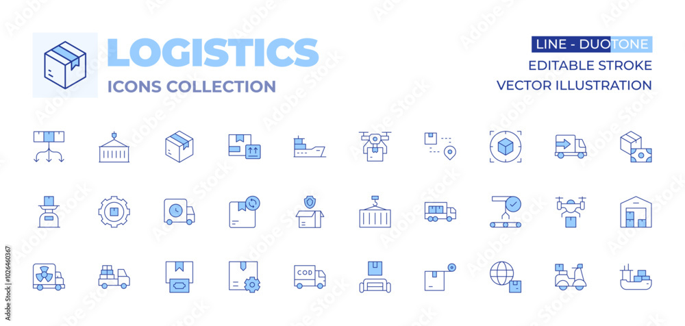 Logistics icons collection. Line Duotone style, editable stroke. insurance, container, logistics, truck, cash on delivery, production, pickup truck, delivery truck, product, settings, scale Logistics icons collection. Line Duotone style, editable stroke. insurance, container, logistics, truck, cash on delivery, production, pickup truck, delivery truck, product, settings, scale