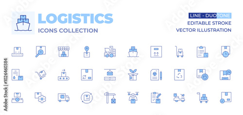Logistics icons collection. Line Duotone style, editable stroke. requirement, clipboard, logistics, box, drone, green logistics, recycled, conveyor, stack, cargo, cargo crane, trolley