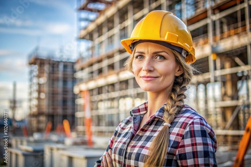 A woman wearing a yellow hard hat and a vest stands in front of a building