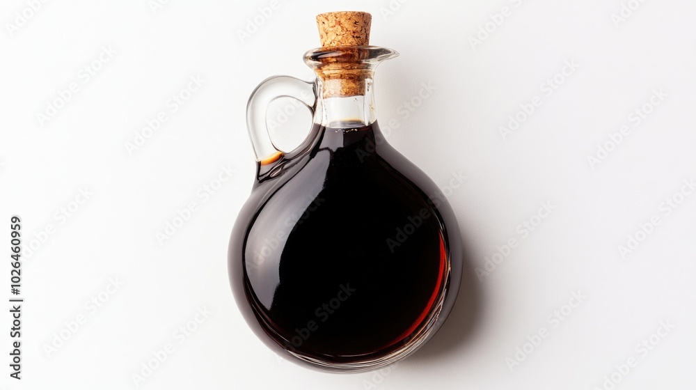 A glass bottle filled with sweet syrup and topped with a wooden cork A glass bottle filled with sweet syrup and topped with a wooden cork