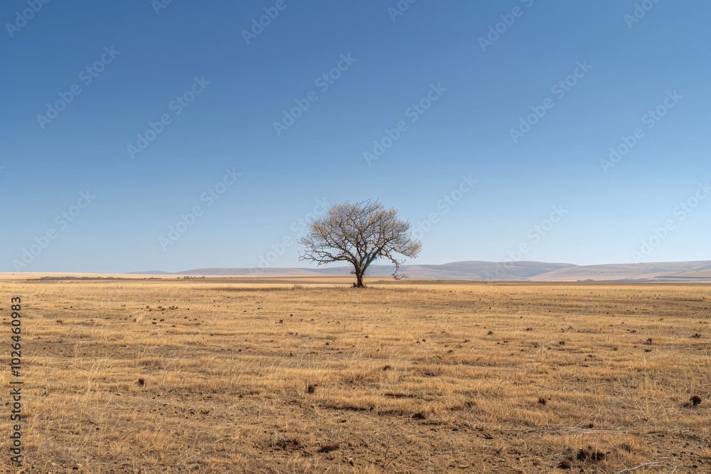 Solitary tree in arid landscape under vast blue sky