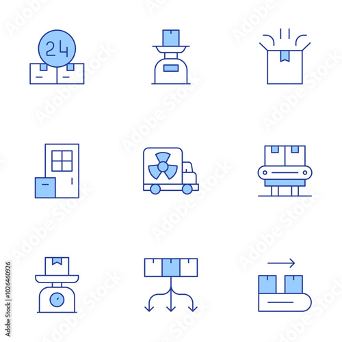 Logistics icons set. Line Duotone style, editable stroke. package, scale, truck, distribution, delivery, conveyor belt, hours, conveyor