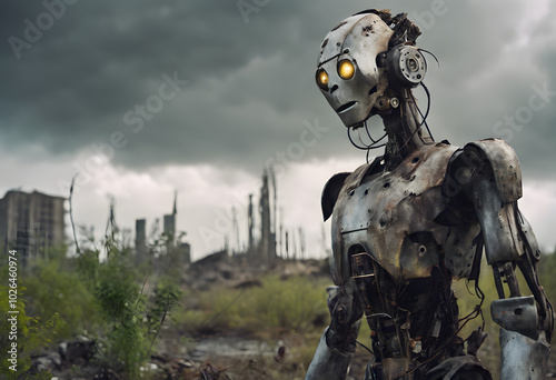 Android robot against the backdrop of a destroyed city. Future, technology, neural networks. Science, post-apocalypse