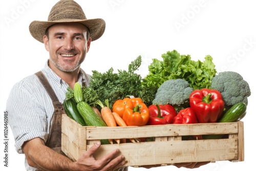 A person holding a wooden crate filled with various vegetables photo