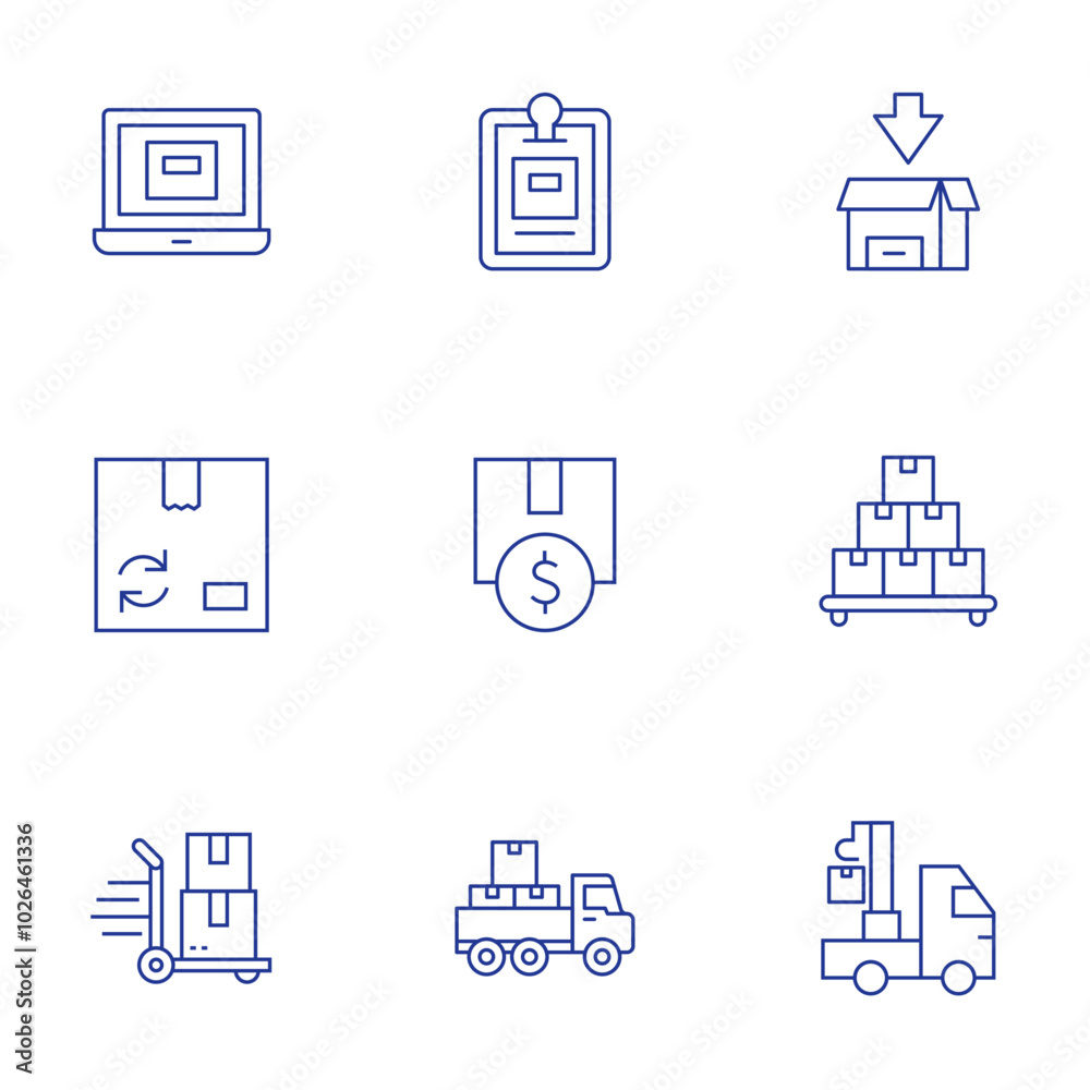 Logistics icons set. Thin Line style, editable stroke. distribution, crane, recycled, invest, product, laptop, trolley, clipboard, delivery box Logistics icons set. Thin Line style, editable stroke. distribution, crane, recycled, invest, product, laptop, trolley, clipboard, delivery box