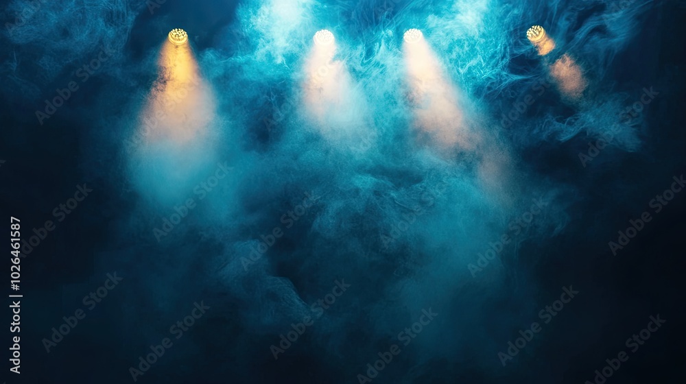 Fototapeta premium Vibrant spotlights beam through swirling smoke on a dark stage, creating a dynamic and dramatic setting for theater or concert visuals.
