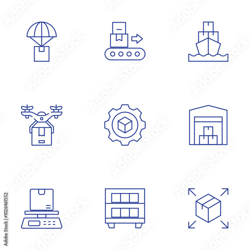 Logistics icons set. Thin Line style, editable stroke. parachute, package, cargo ship, drone delivery, production, warehouse, scale, shelf, distribution