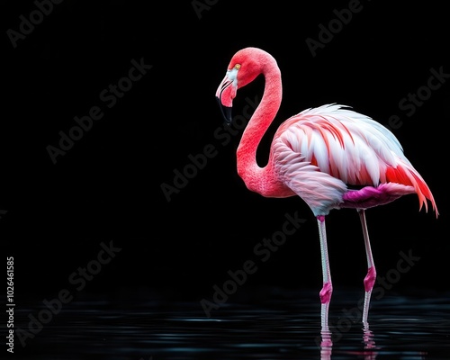 Flamingo standing on one leg, head lowered, elegant bird, graceful prayer photo