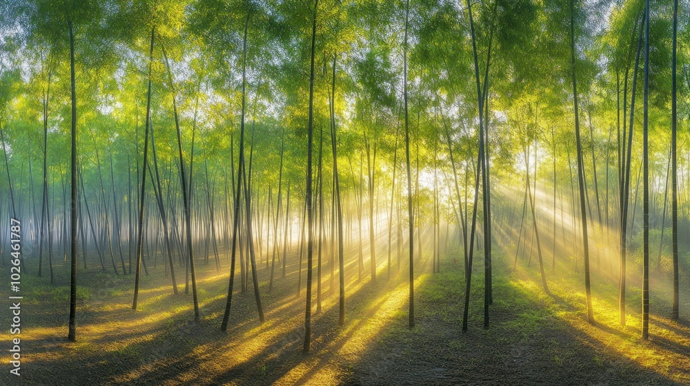 Obraz premium A serene forest scene with sunlight filtering through tall trees, creating a tranquil atmosphere.