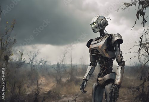 Android robot against the background of dry trees and grass. Future, technology, neural networks. Science, post-apocalypse