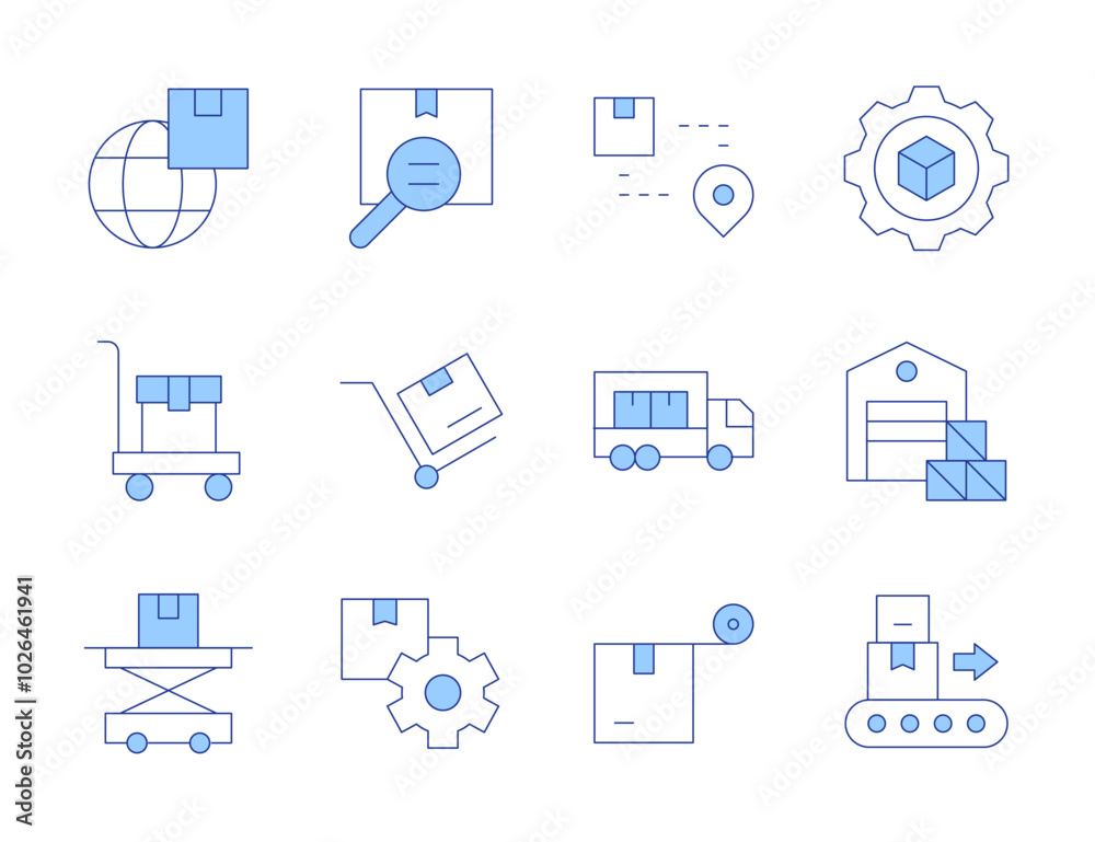 Logistics icons. Line Duotone style, editable stroke. trolley cart, logistics, delivery truck, package, warehouse, duct tape, trolley, lifting Logistics icons. Line Duotone style, editable stroke. trolley cart, logistics, delivery truck, package, warehouse, duct tape, trolley, lifting