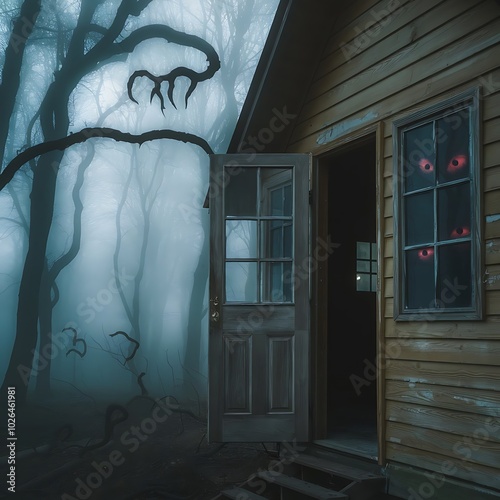 A lonely, rundown cabin deep in a fog-filled forest. The wooden door creaks open, and glowing red eyes can be seen through the dark windows. Tree branches seem to twist into claw-like shapes photo