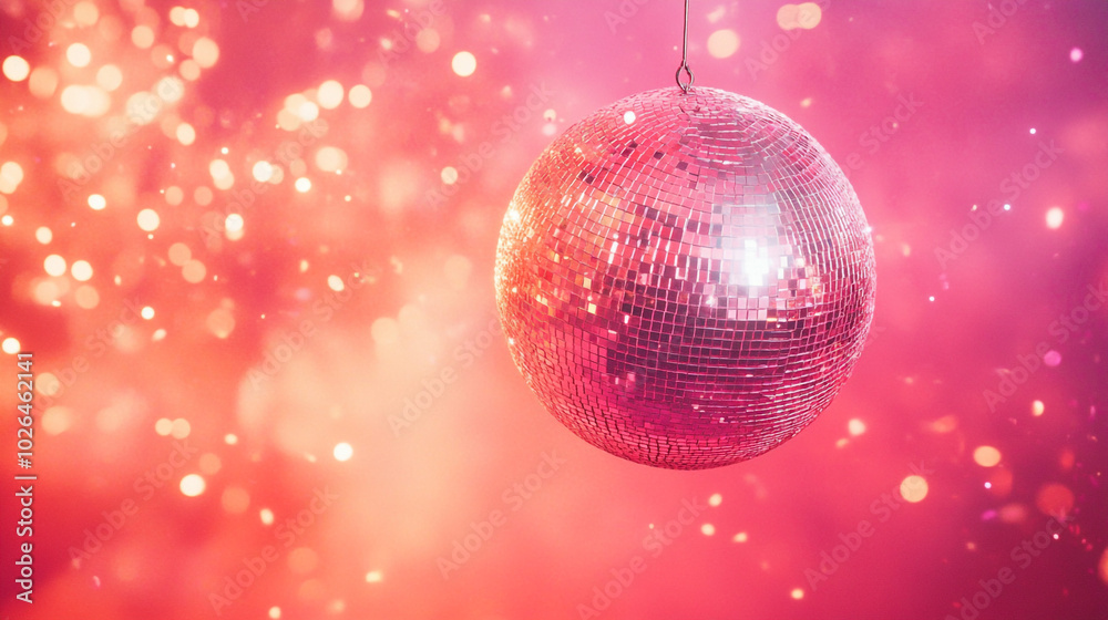 Fototapeta premium Pink Disco Ball Hanging Against Red Glitter Background