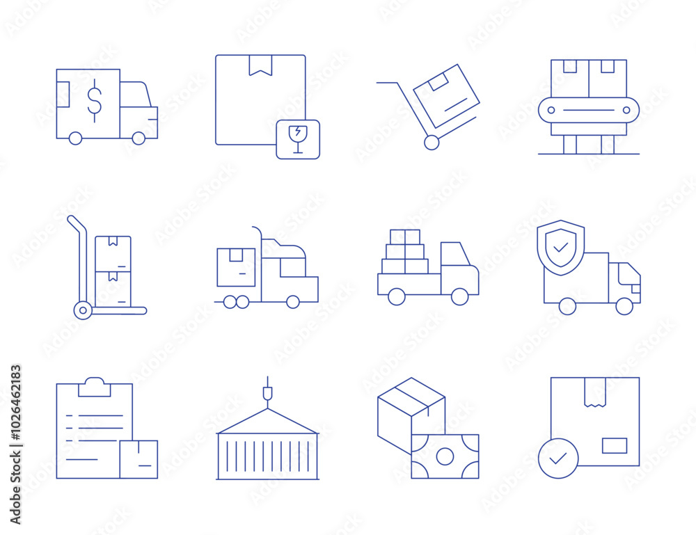 Logistics icons. Thin Line style, editable stroke. delivery, approve, fragile, logistics, container, delivery cart, truck, trolley, pickup truck, cash on delivery, conveyor