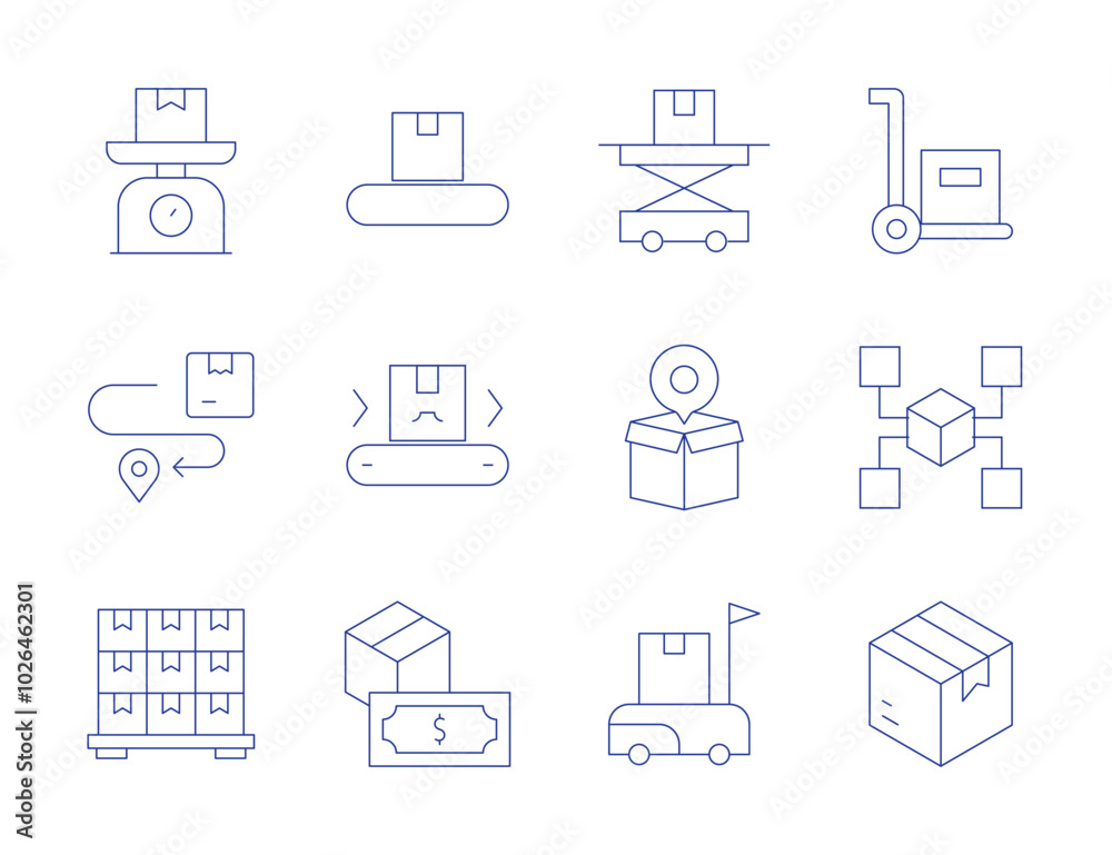 Logistics icons. Thin Line style, editable stroke. manufacturing, logistics, cash on delivery, distribution, delivery, scale, package, wholesale, lifting, box, delivery box Logistics icons. Thin Line style, editable stroke. manufacturing, logistics, cash on delivery, distribution, delivery, scale, package, wholesale, lifting, box, delivery box