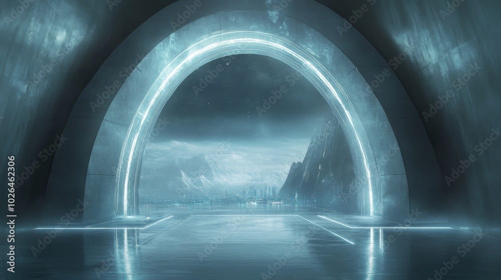 Futuristic Architectural Portal Leading to a Cityscape with Snowy Mountains and a Starry Sky