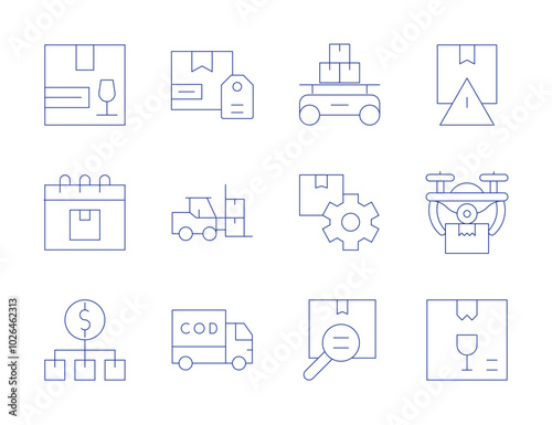 Logistics icons. Thin Line style, editable stroke. logistics, tracking number, warehouse, forklift, delivery box, cash on delivery, fragile, shipping, drone delivery, value chain