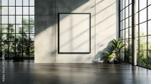 1. An empty poster frame mounted on a sleek concrete wall in a contemporary office, with soft natural light streaming through large windows, creating a bright and inviting advertising space