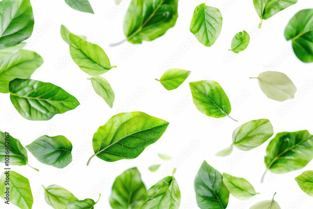 Fototapeta premium A bunch of green leaves are suspended in mid-air, creating a whimsical and natural scene