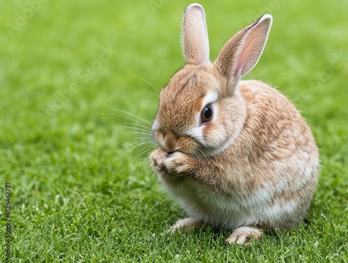 Rabbit in a grassy field, paws clasped, head bowed, humble rabbit, natures peace photo