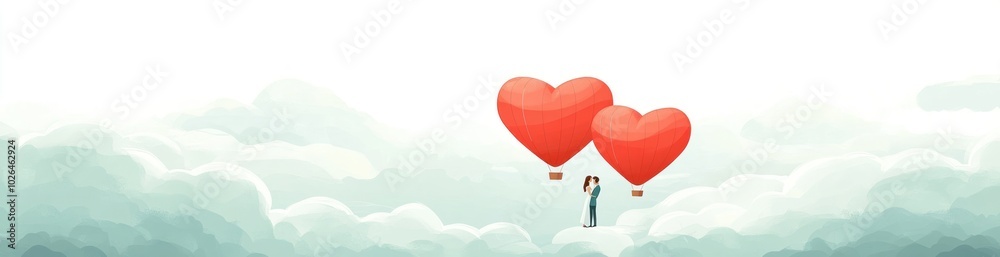 A whimsical illustration of a person holding two heart-shaped balloons in a cloudy sky. A whimsical illustration of a person holding two heart-shaped balloons in a cloudy sky.
