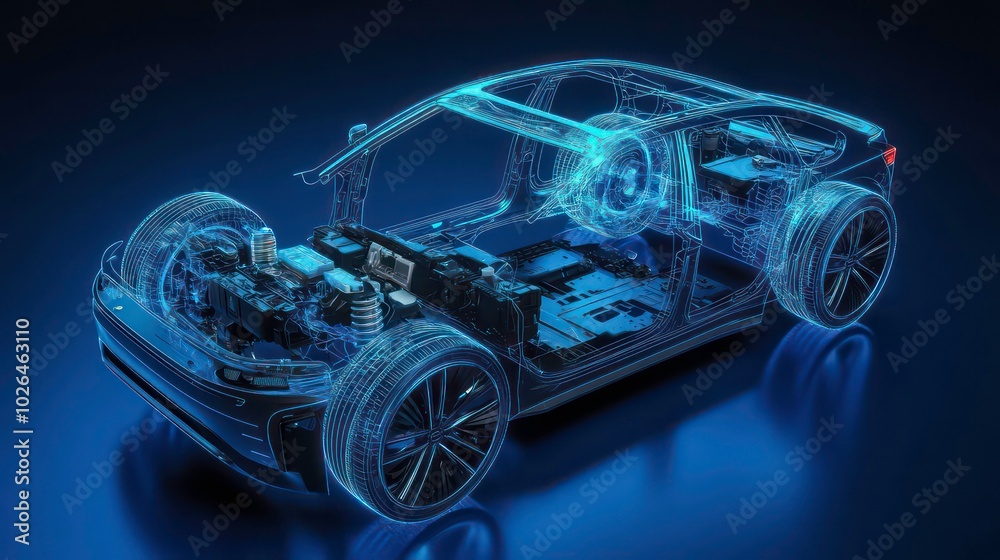Wireframe 3D model of a car with transparent body, showing the internal structure and mechanics, rendered against a dark blue background. Wireframe 3D model of a car with transparent body, showing the internal structure and mechanics, rendered against a dark blue background.