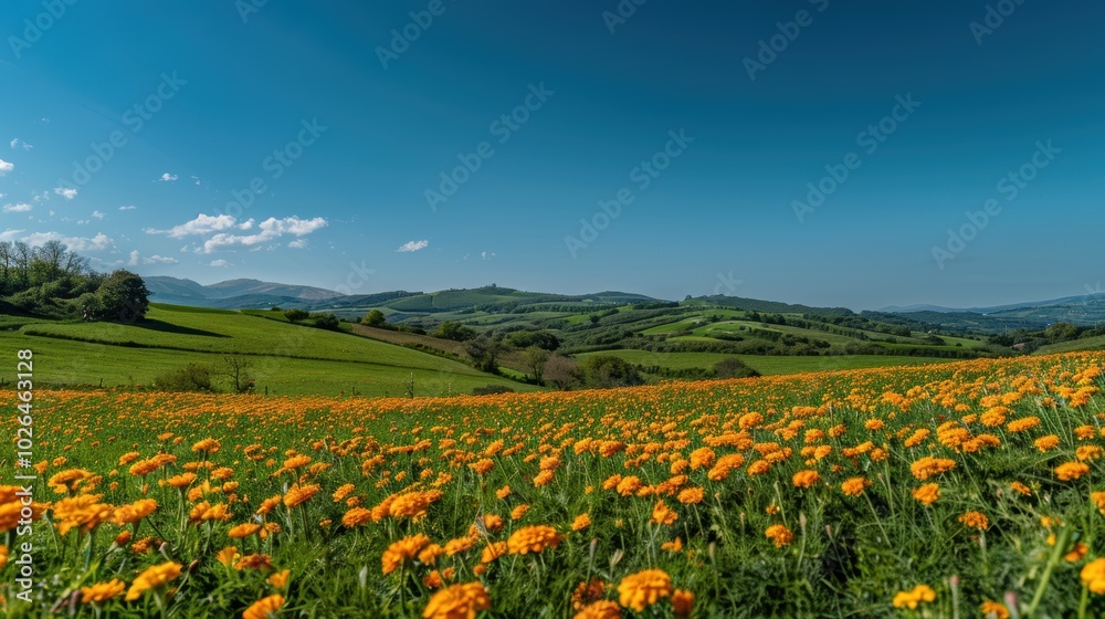 Vibrant Marigold Fields Under a Clear Blue Sky in a Serene Rural Landscape Vibrant Marigold Fields Under a Clear Blue Sky in a Serene Rural Landscape