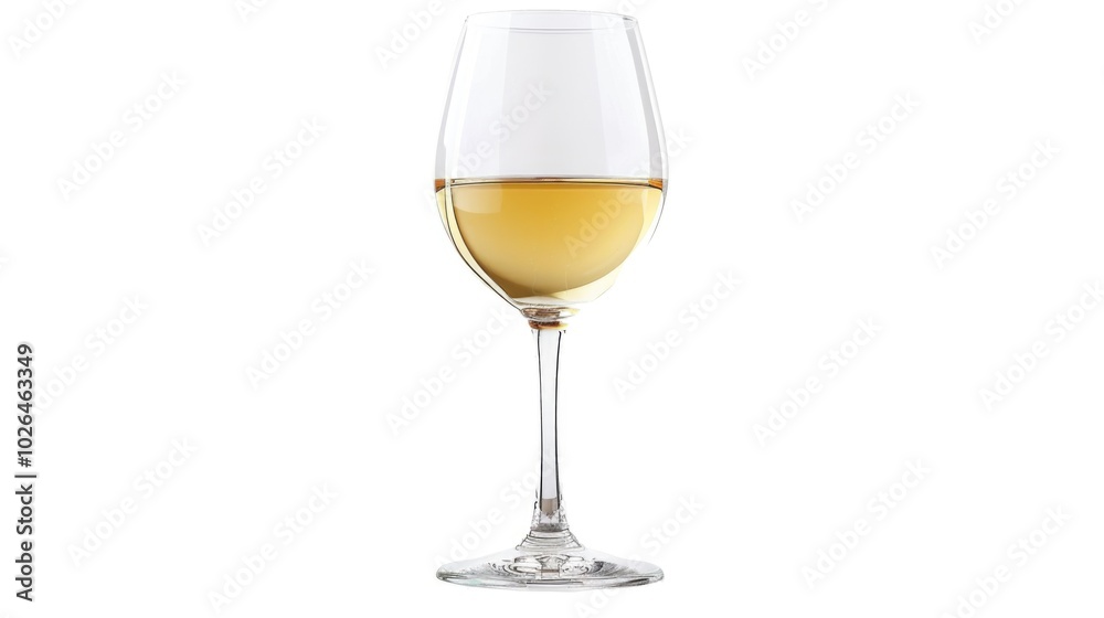 A glass of white wine sits alone on a clean and minimalist white background, perfect for use in food and drink, lifestyle, or still life photography