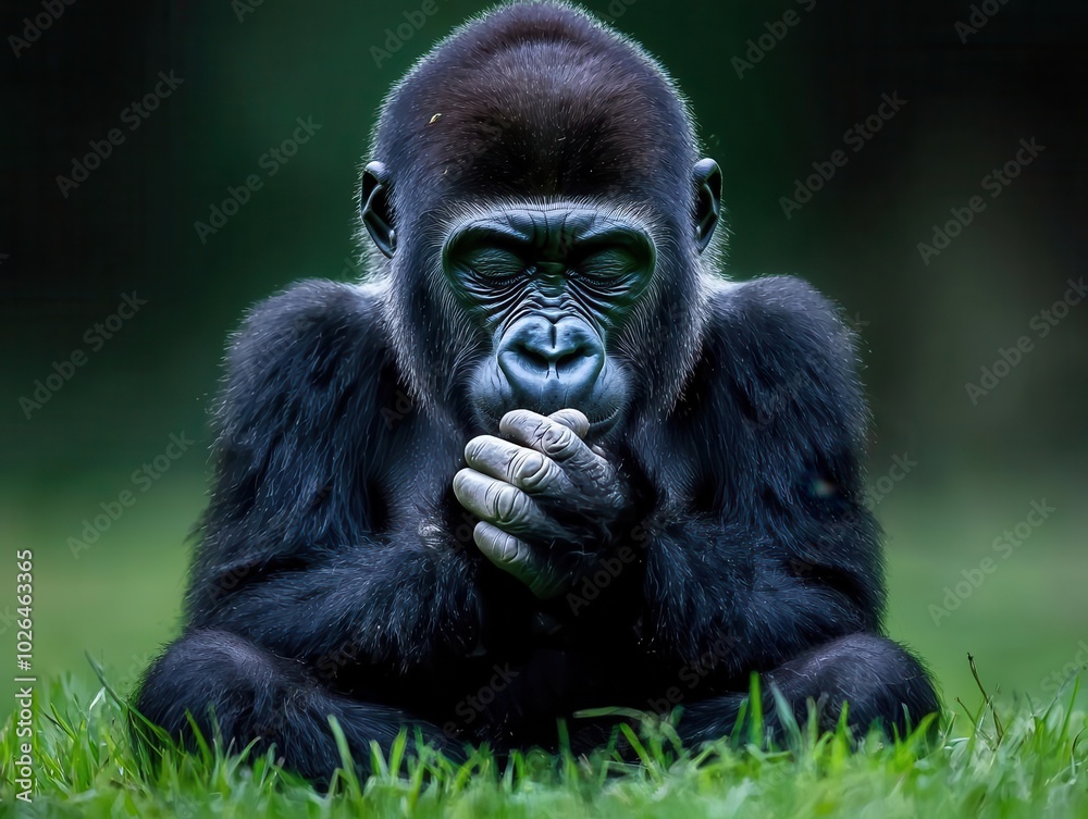 Gorilla sitting with paws together, eyes closed, gentle giant, jungle meditation Gorilla sitting with paws together, eyes closed, gentle giant, jungle meditation