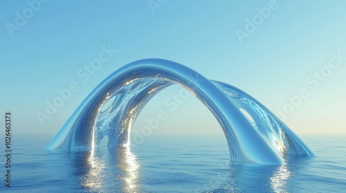 Abstract metallic arch structure floating on the calm blue ocean water.