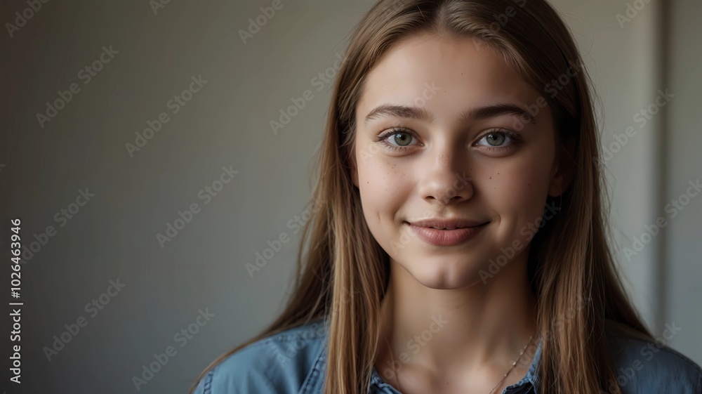 Fototapeta premium A teenager girl radiates confidence and joy in a pristine studio.